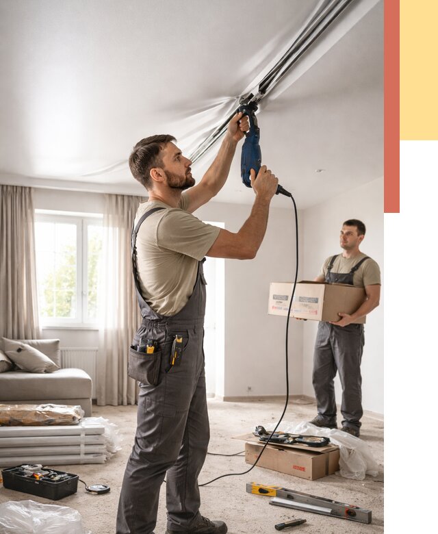 Монтаж сатинового натяжного потолка в Мелеузе от 3580 руб. | Быстро, недорого — ОТДЕЛОЧНИК-Млз