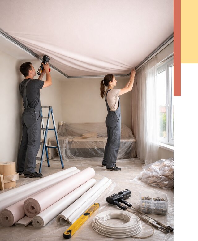 Монтаж цветного натяжного потолка в Мелеузе от 4296 руб/м² — быстро и недорого | ОТДЕЛОЧНИК-Млз