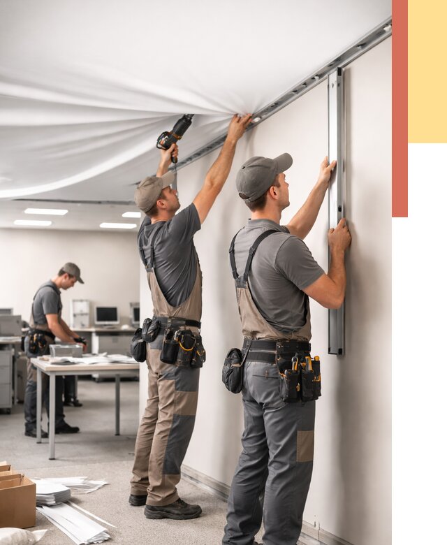 Монтаж натяжного потолка в офисе в Мелеузе от 460 руб/м² — быстро и недорого | ОТДЕЛОЧНИК-Млз